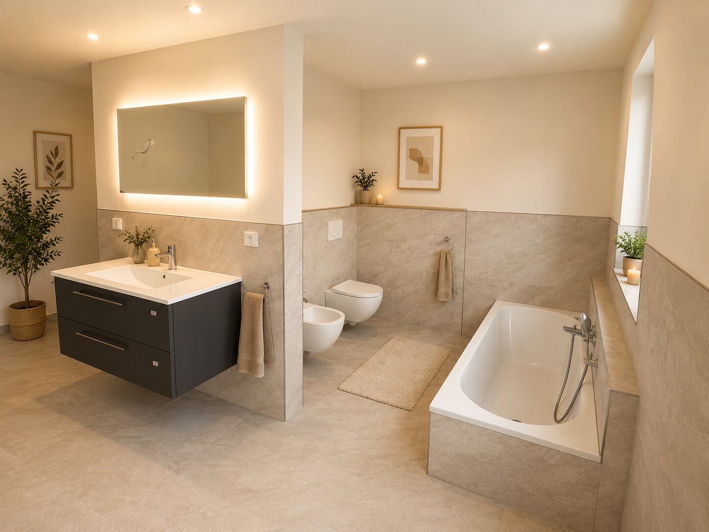 Modernes Badezimmer, weiterer Blick mit Waschtisch und Spiegel