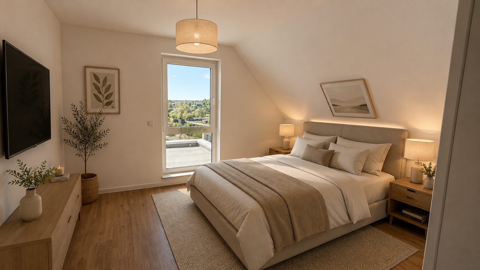 Schlafzimmer im Dachgeschoss mit Fenstertür zum Balkon