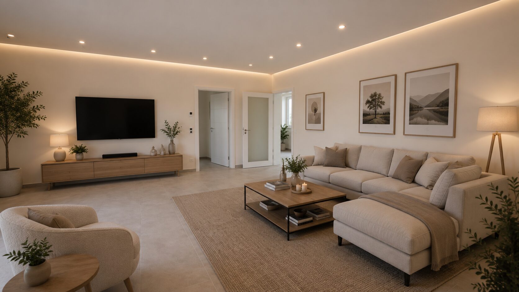 Helles Wohnzimmer mit indirekter Deckenbeleuchtung und großer Couch